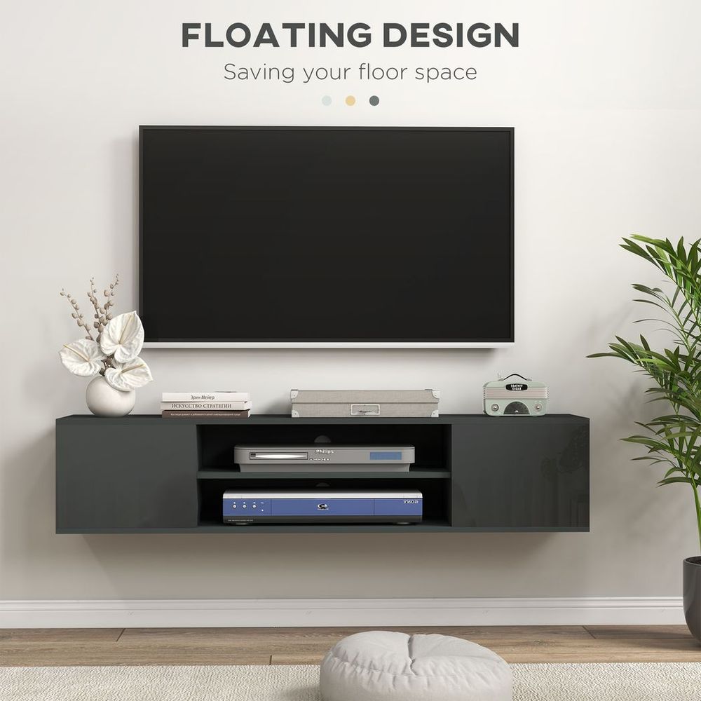 Floating grey TV stand with central open shelf and two front media compartments