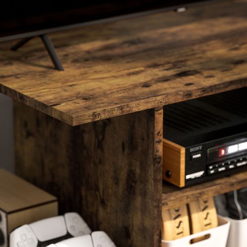 Rustic brown TV stand tabletop with visible wood grain and open shelf bay