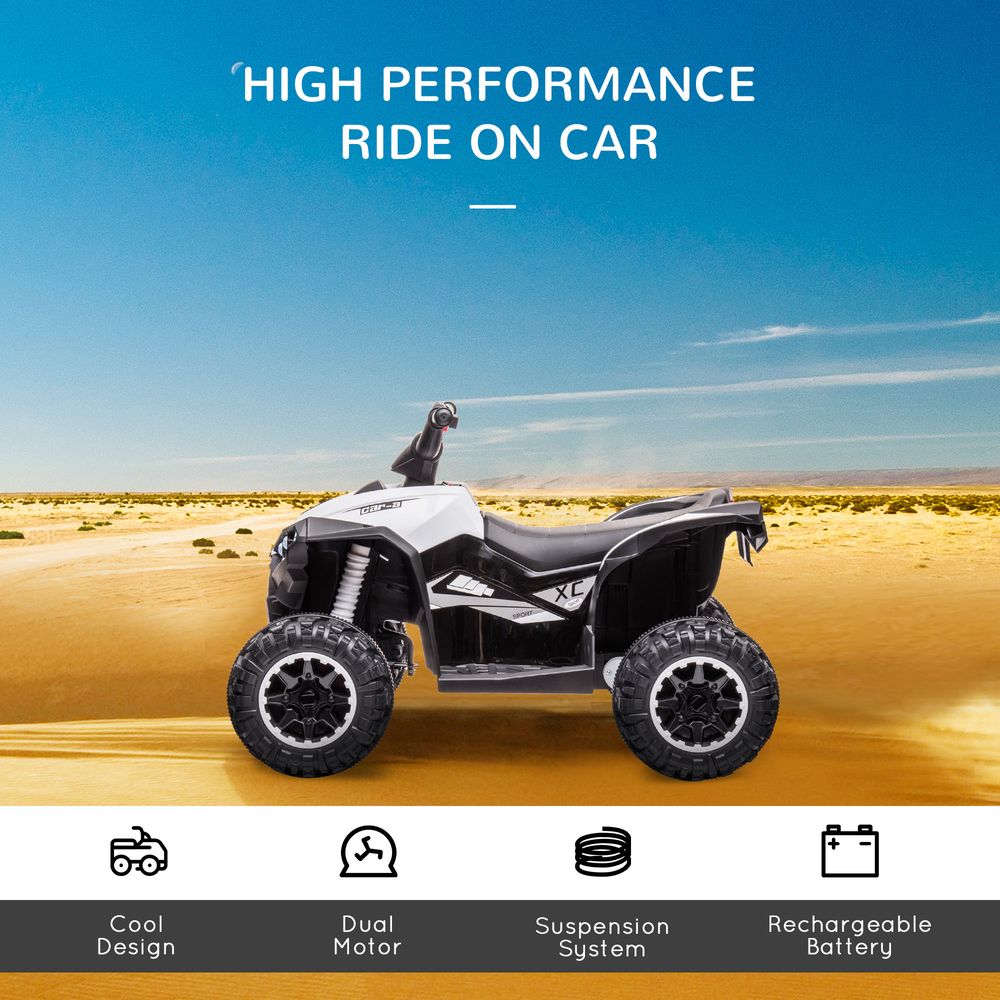 White and black electric quad bike with four large tread tires and raised seat