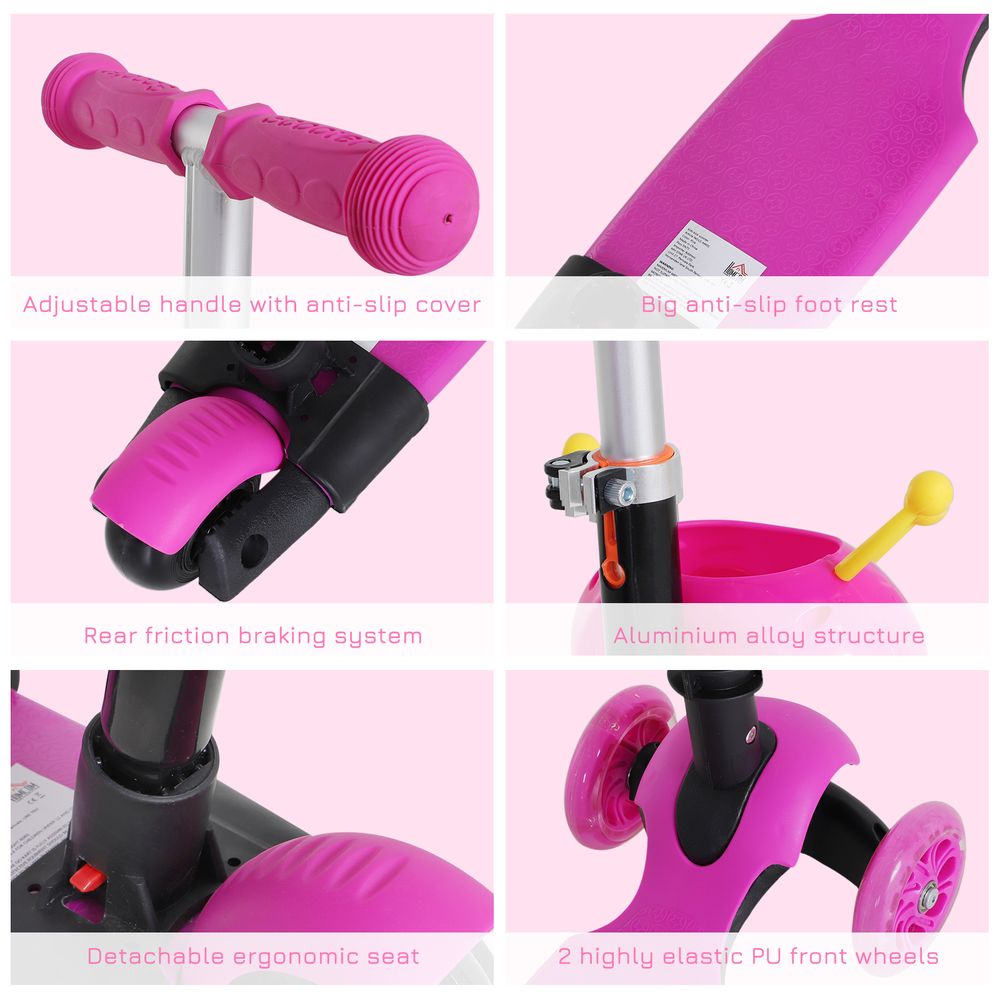 Pink kick scooter close-up: anti-slip handle cover, rear brake, detachable seat