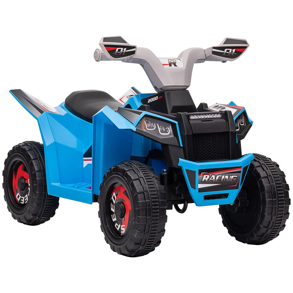 Blue kids electric quad bike with black seat, red-trim wheels, and handlebar controls