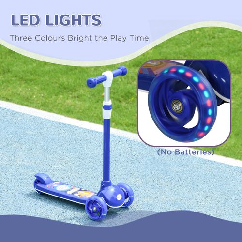 Blue kids scooter with LED light wheels and white handlebar, no batteries