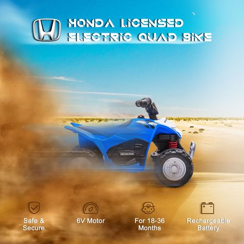 Blue kids electric quad bike in side view with red spring suspension