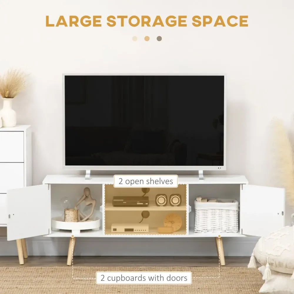 White TV stand with doors open, two side cubbies and center open shelves for media storage.