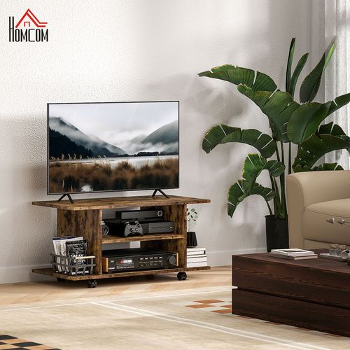Rustic brown TV stand with open shelves, media devices, and side storage bins