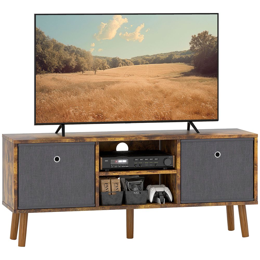 Modern TV cabinet with fabric side doors, open center shelf, and storage drawers, rustic brown