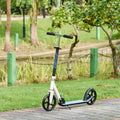 Foldable kick scooter with adjustable handle, white deck and black wheels.