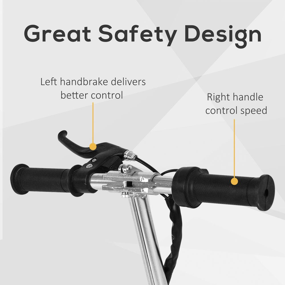 Red powered scooter handlebar with black grips and safety brake levers