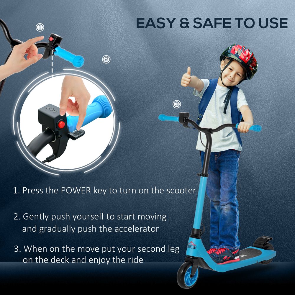 Blue electric scooter with battery/power controls on handle and foot deck