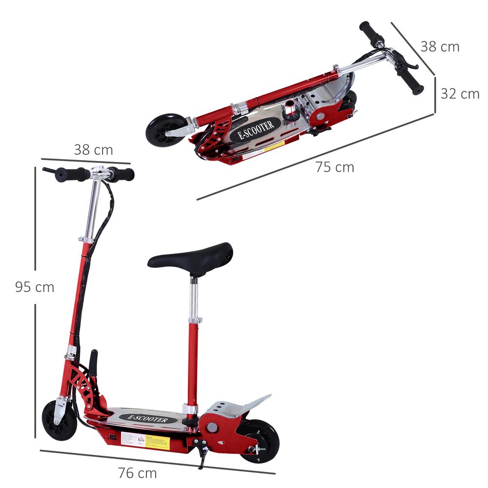Red foldable powered scooter with black seat and handlebars, shown in angled views