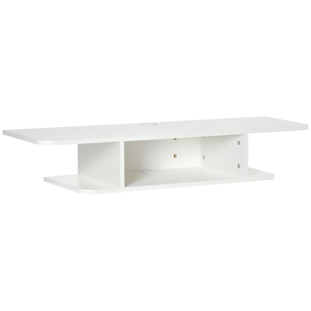 White floating TV console with open center shelf and side storage cubbies
