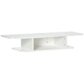 White floating TV console with open center shelf and side storage cubbies