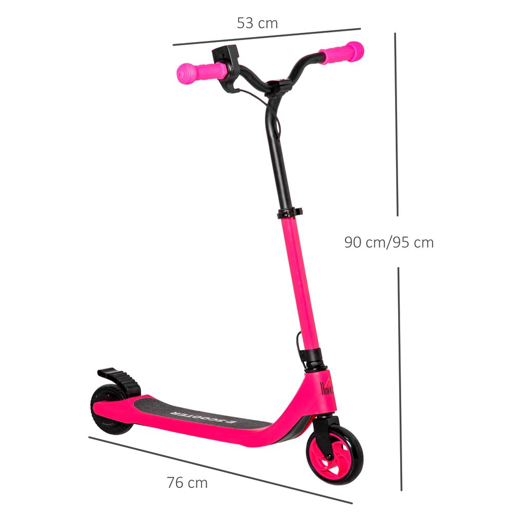 Pink electric scooter with black deck and red front and rear wheels