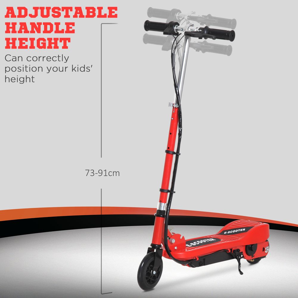 Red kids electric scooter with adjustable handlebar height and front wheel