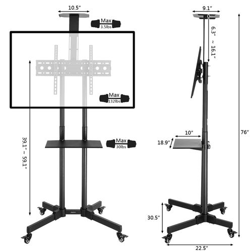 Mobile TV cart with adjustable height legs and wide base on caster wheels, front view