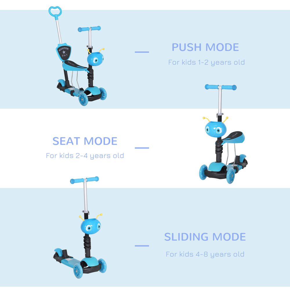 Blue 3-wheel kids kick scooter for different ride positions with seat and push handle