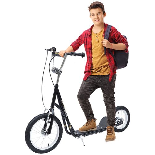Teen kick scooter with black frame, silver handlebar, large wheels, kickstand