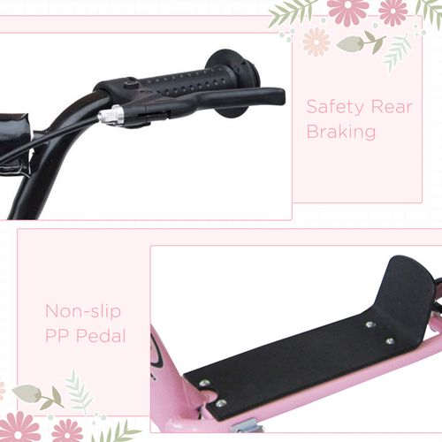 Kids kick scooter rear brake and black non-slip pedal on a pink deck.