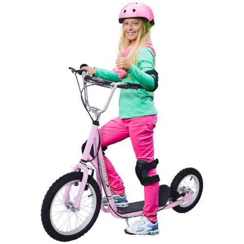 Pink teen kick scooter with black handlebar, footboard, and rubber wheels