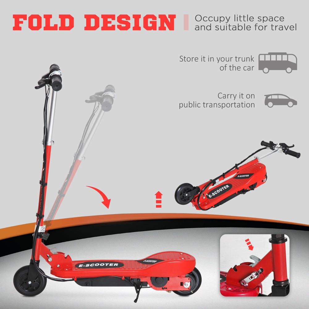 Red folding kids electric scooter compact design with visible folding section