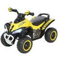 Yellow and black toddler ride-on quad bike with black seat and chunky wheels