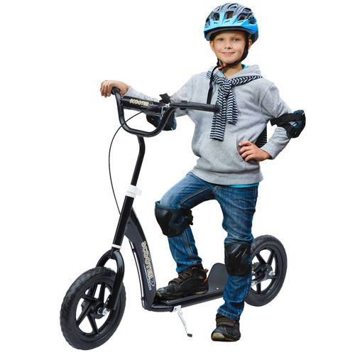 Kids kick scooter with black frame, front and rear wheels, handlebars and footboard