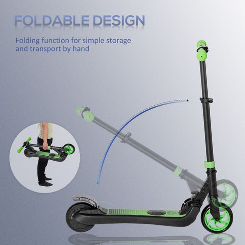 Green and black folding electric scooter with folding stand and front wheel