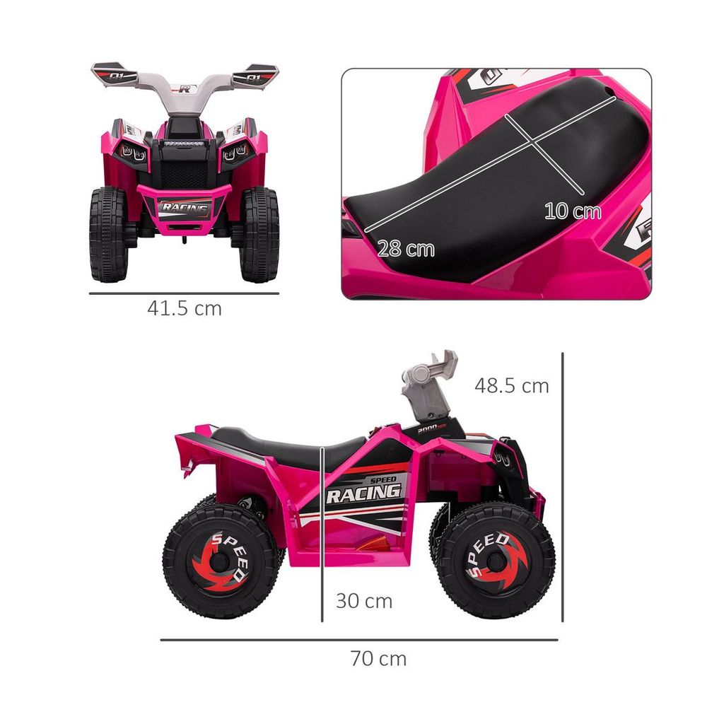 Pink kids ride-on ATV in side view with black seat and handlebars