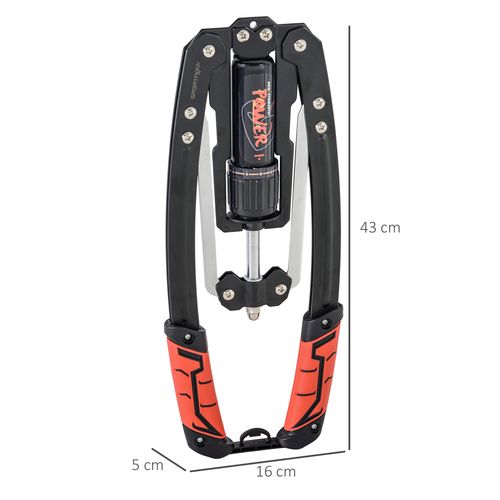 Black kids 3-wheel scooter frame with spring unit and orange-red handle grips, side view