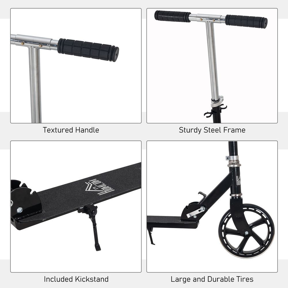 Black kids scooter details: textured handle, steel frame, kickstand, and durable tires