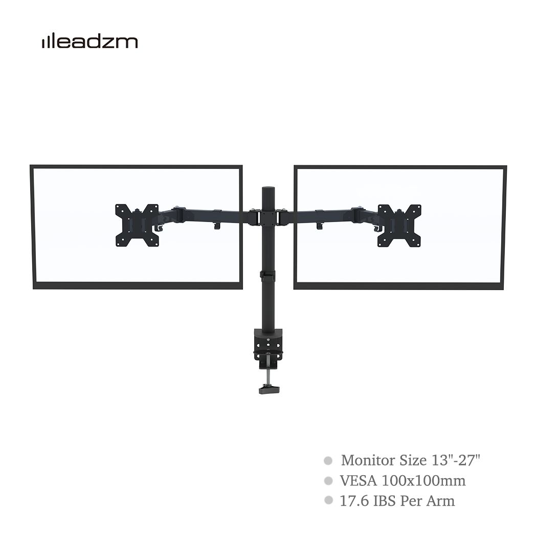 Dual monitor mount with two VESA brackets on central pole, black; fits 13–27 in