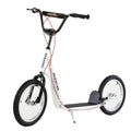 White kids kick scooter with black handlebars, black anti-slip deck, and large rubber tires