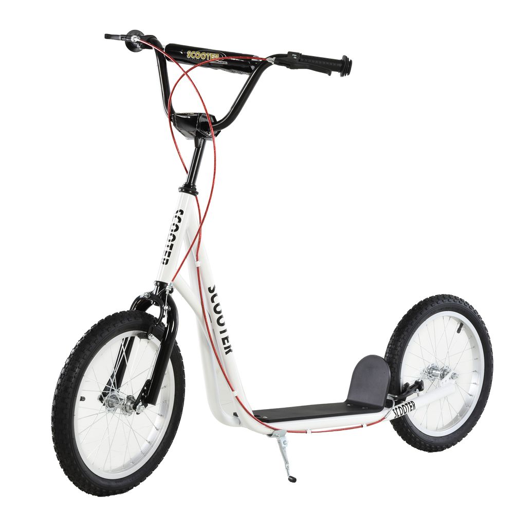White kids kick scooter with black handlebars, black anti-slip deck, and large rubber tires