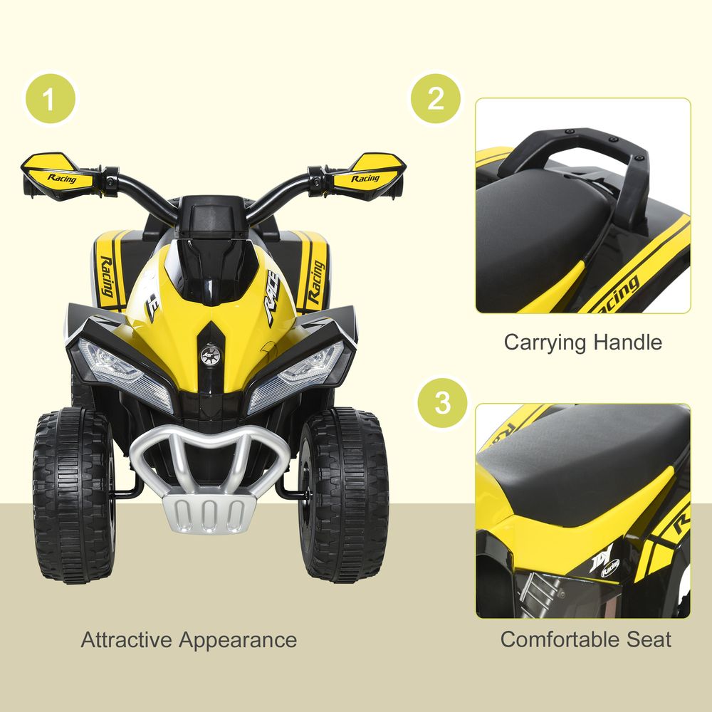 Yellow and black toddler ride-on quad with white front guard and twin headlights