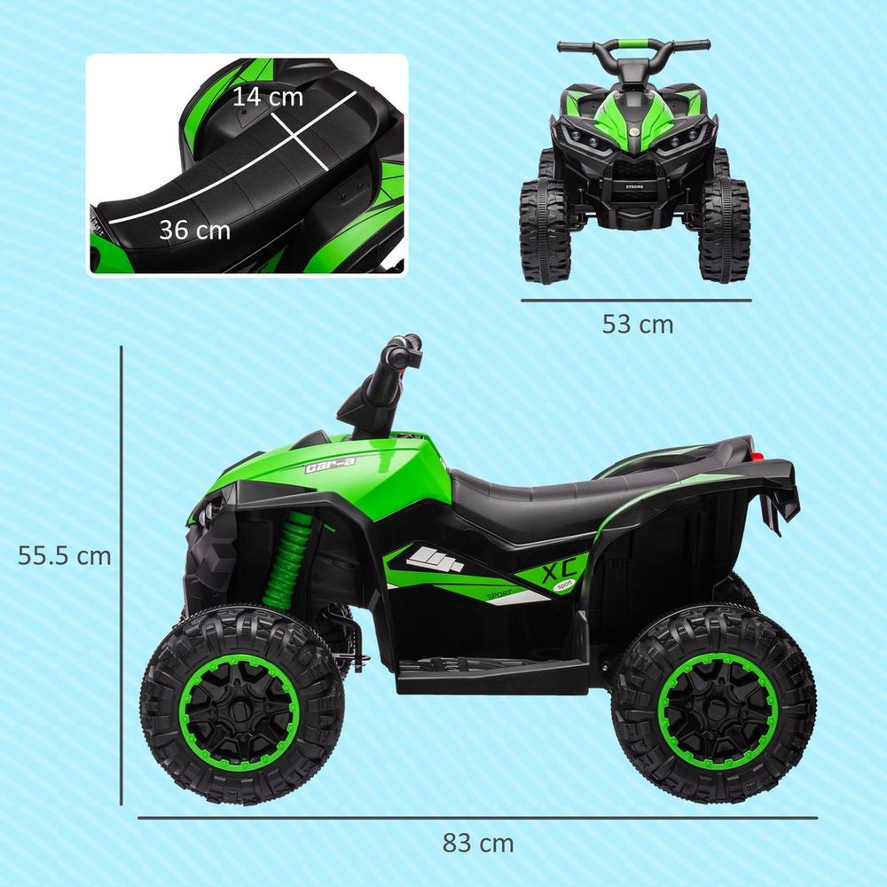 Green and black kids ride-on quad bike, side view with large tires and seat