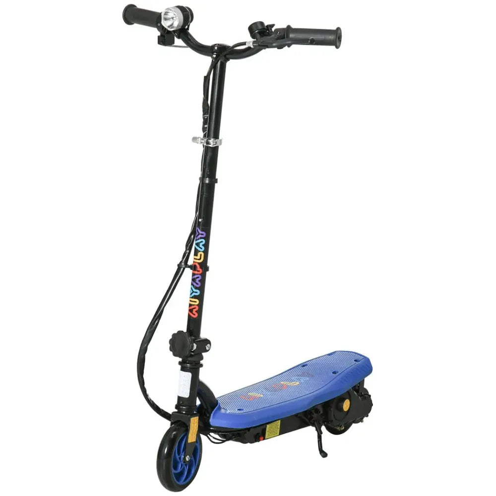 Blue electric scooter with black frame, folding stem, and front LED headlight