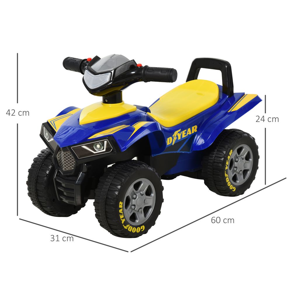 Blue ride-on quad bike with yellow seat, black handlebar, and four rugged wheels.
