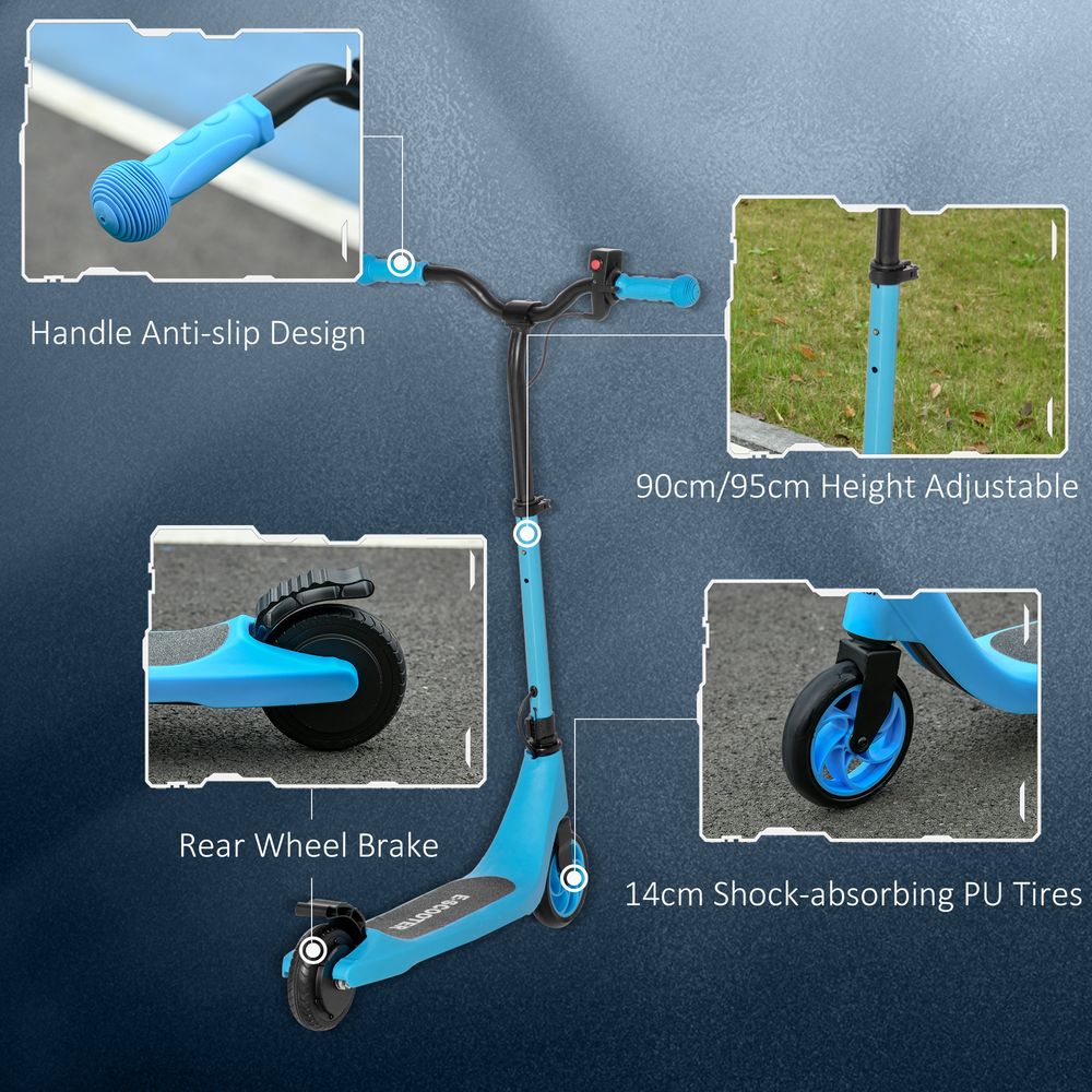 Blue electric scooter featuring rear wheel brake, shock-absorbing PU tires, and anti-slip grips