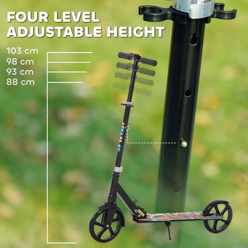 Black kick scooter with adjustable handlebar and colorful deck
