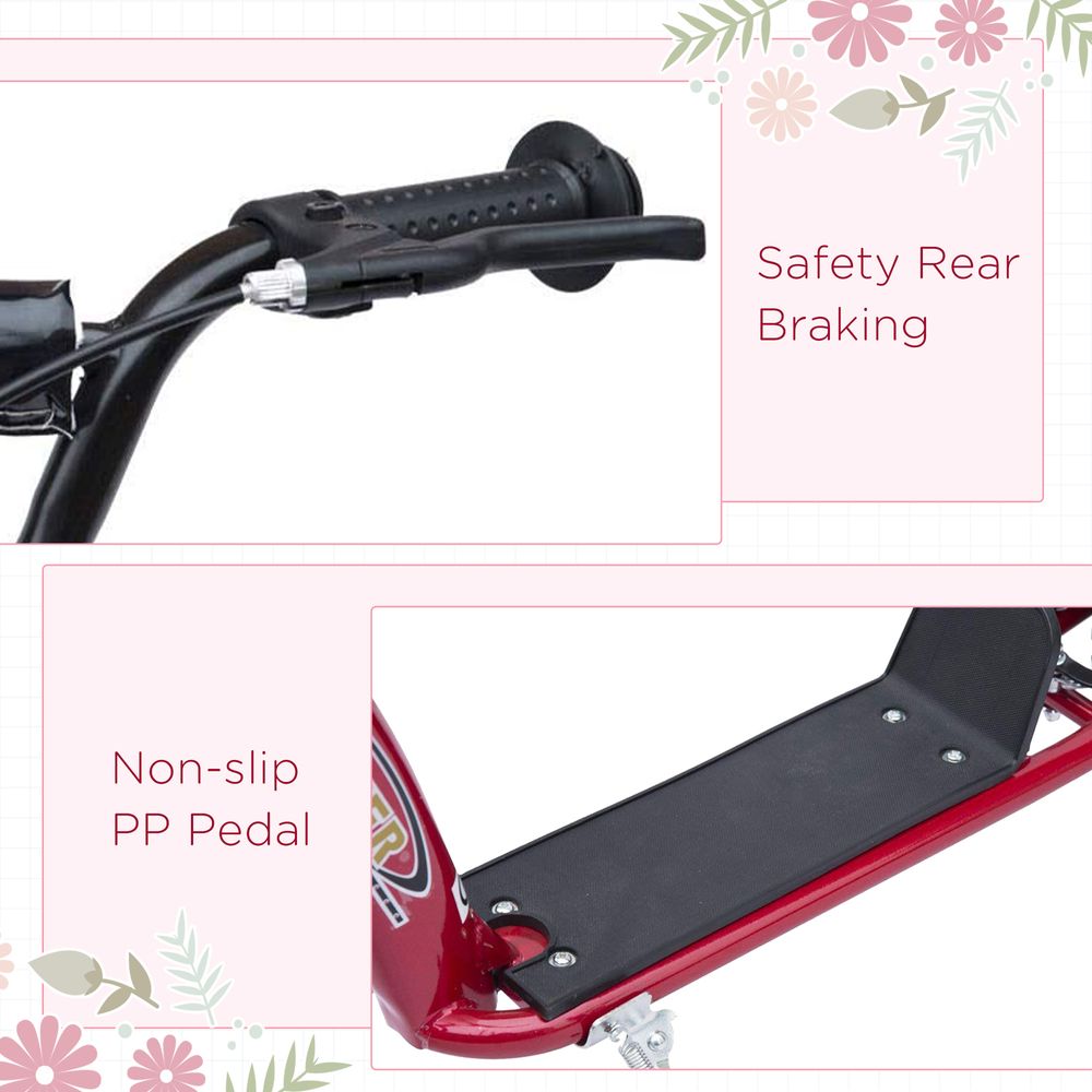 Red scooter close-up: non-slip PP pedal and safety rear braking