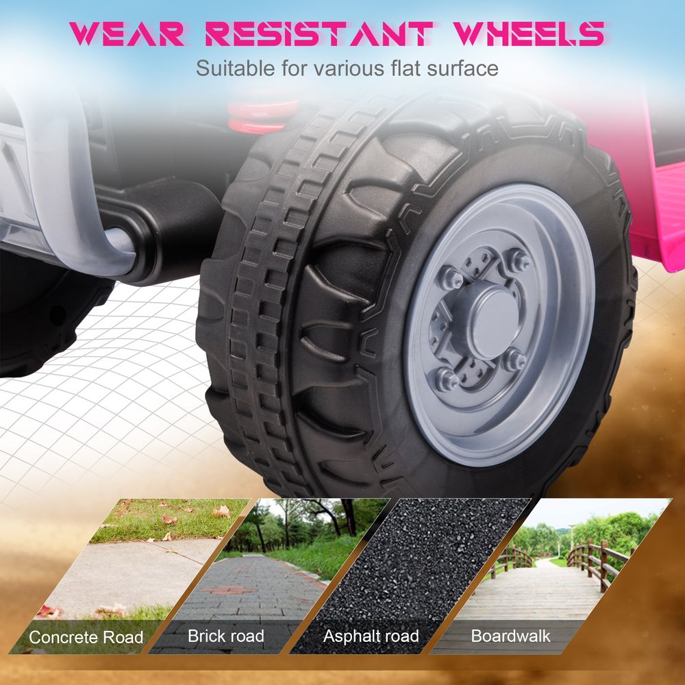 Black tread tires with silver rims on a pink electric quad bike, rear wheel close-up