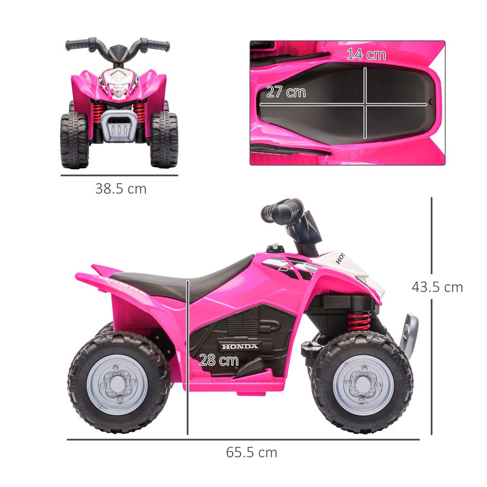 Pink electric quad bike with labeled dimensions, front view and side profile shown
