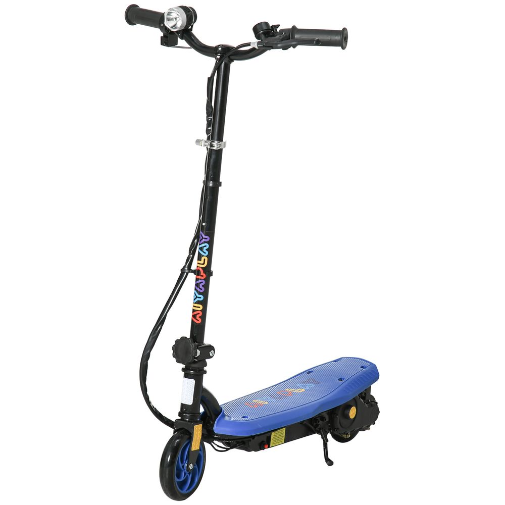 Blue deck electric scooter with black handlebars and front LED headlight