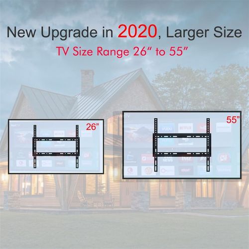 Black TV wall mount bracket size range graphic, fits 26 to 55 inch TVs