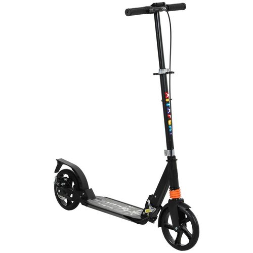 Kids foldable kick scooter, black deck and handlebar, colorful stem accents, front wheel