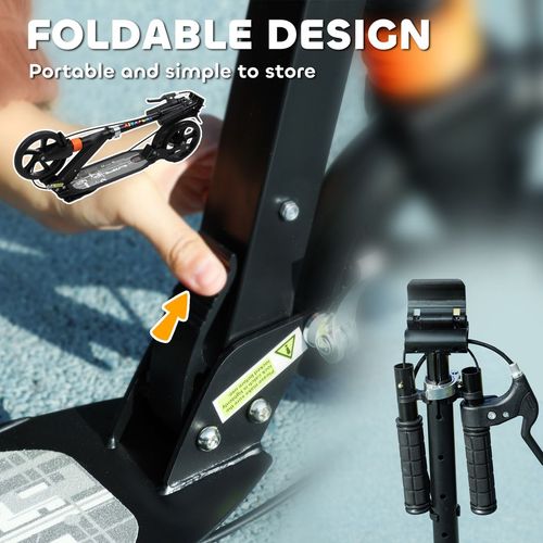 Foldable kids scooter frame with folding latch and black handlebar stem mechanism