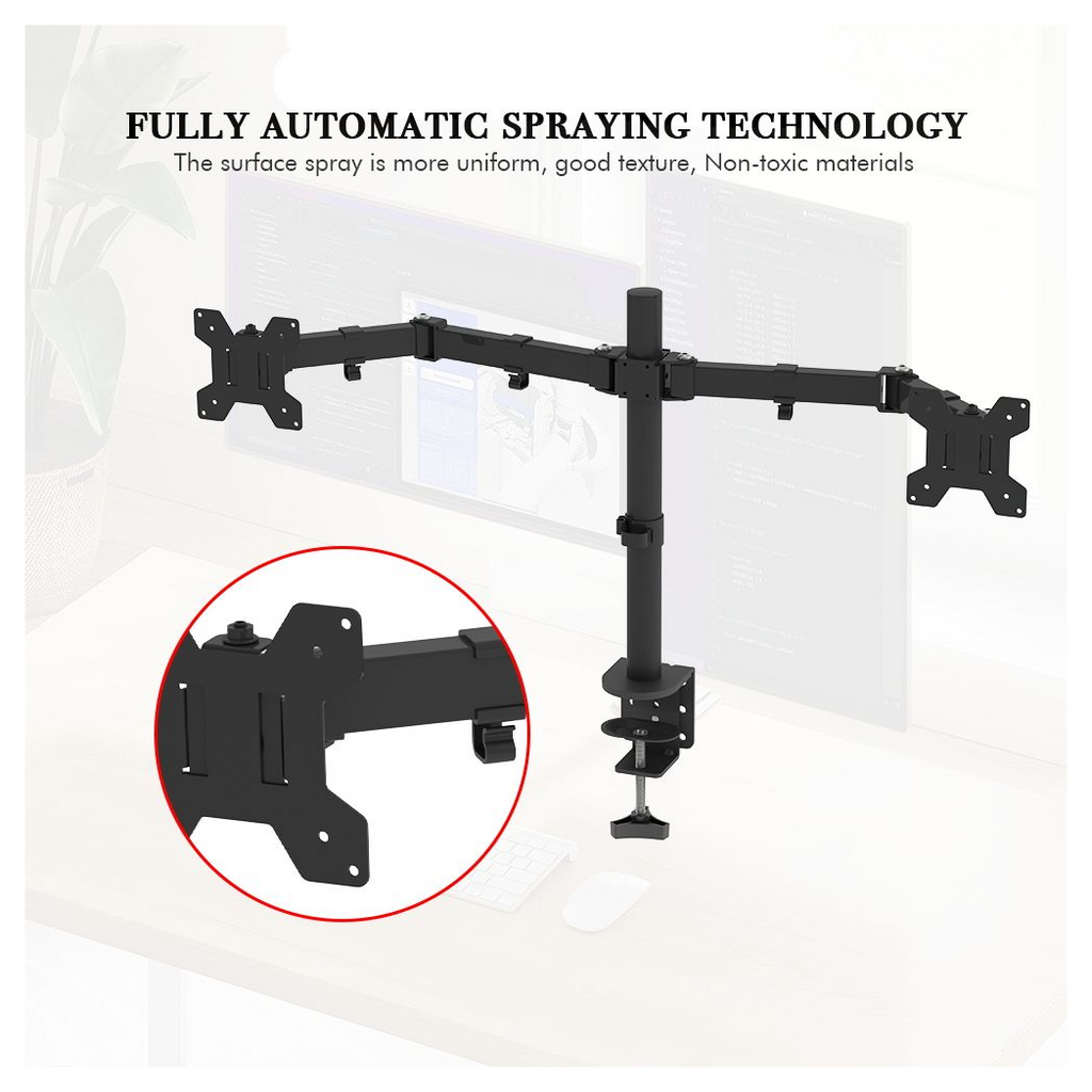 Dual monitor arm mount with base bracket close-up, black metal hardware
