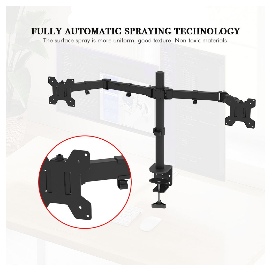 Dual monitor arm mount with base bracket close-up, black metal hardware