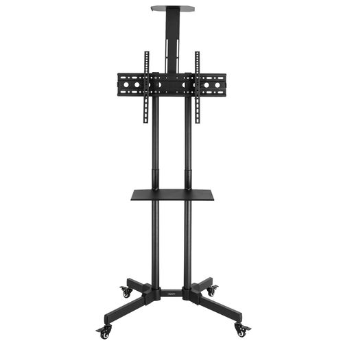 Mobile TV cart with dual vertical poles, VESA mount plate, and black base with wheels