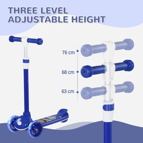 Blue 3-wheel scooter showing three-level adjustable handlebar height